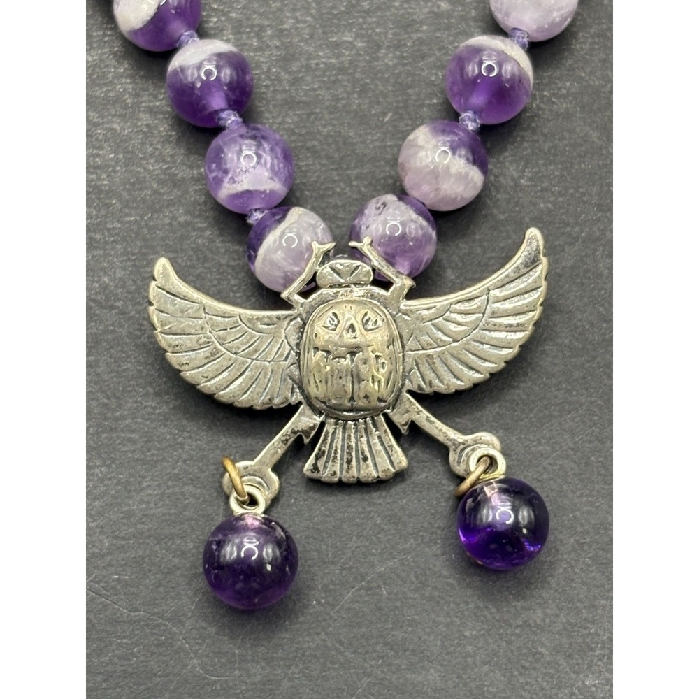 18" Sterling Silver Scarab Amethyst Bead Necklace 925 H24